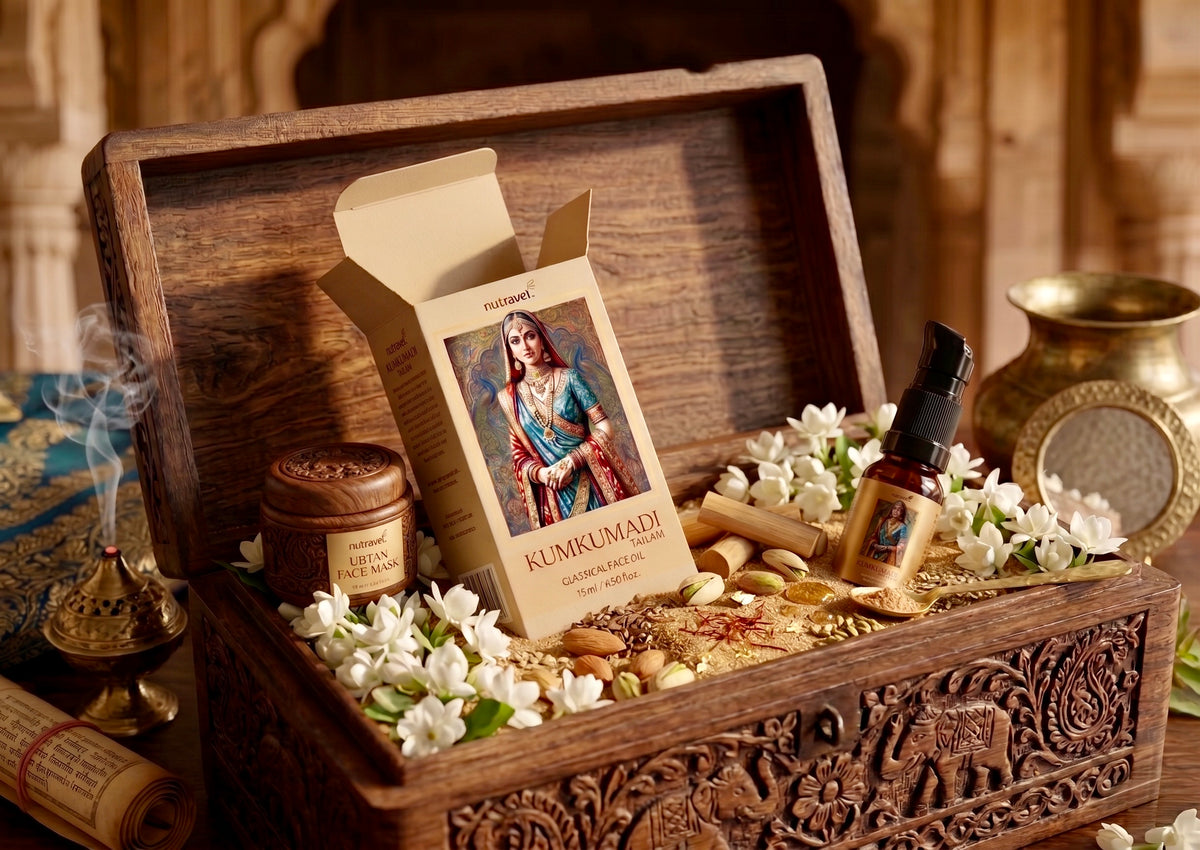 Kumkumadi Tailam gift presentation in an open carved wooden chest