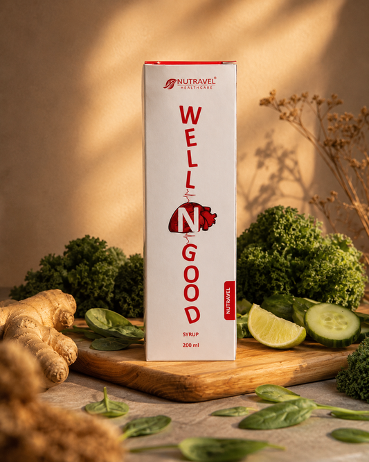 Well N Good Ayurvedic heart wellness syrup box with ginger, broccoli, lime and cucumber