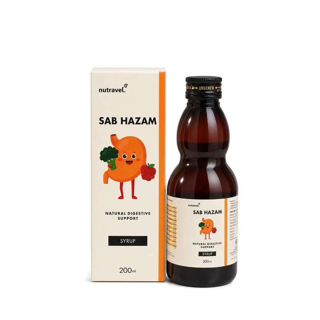 Sab Hazam natural digestive support syrup 200 ml bottle and box on white