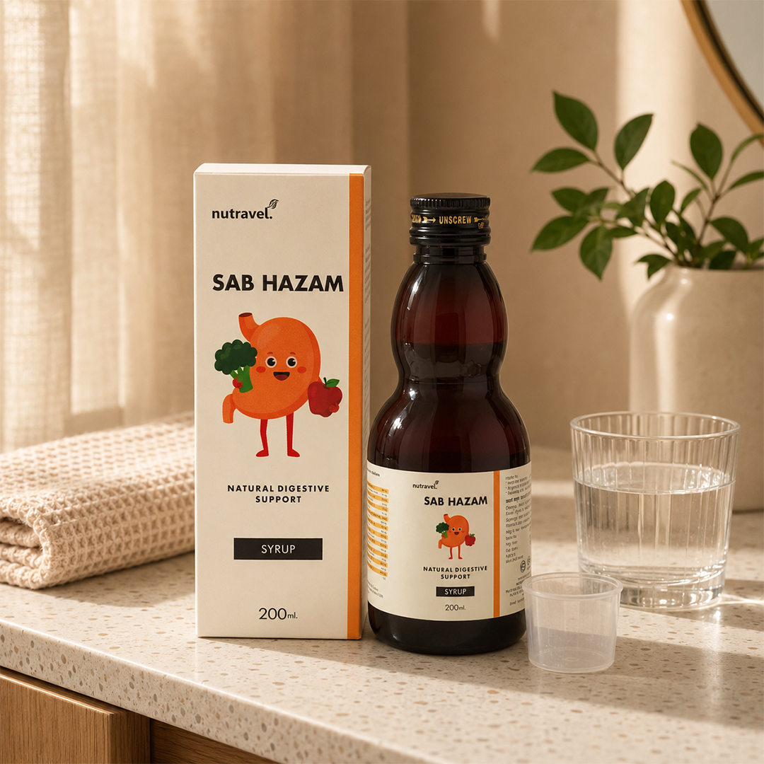 Sab Hazam Ayurvedic digestive syrup 200 ml bottle and box on a bathroom counter