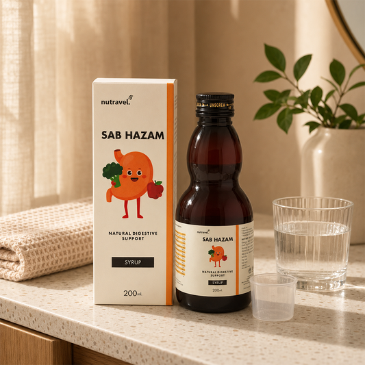 Sab Hazam Ayurvedic digestive syrup 200 ml bottle and box on a bathroom counter