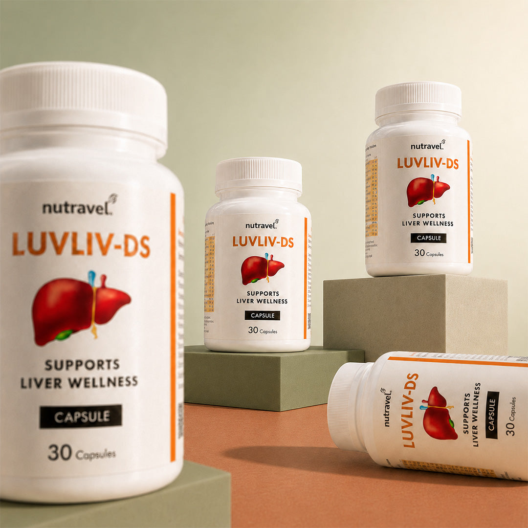 Three Luvliv-DS 30-capsule jars on stone blocks