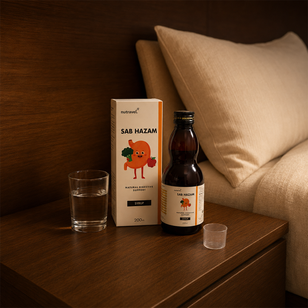 Sab Hazam digestive syrup bottle and box on a bedside table with a glass of water