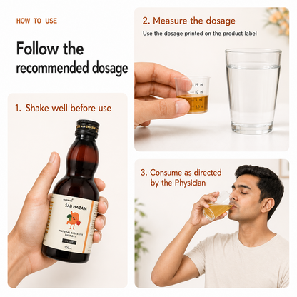 How to use Sab Hazam syrup: shake well, measure the dose on the label, take as directed