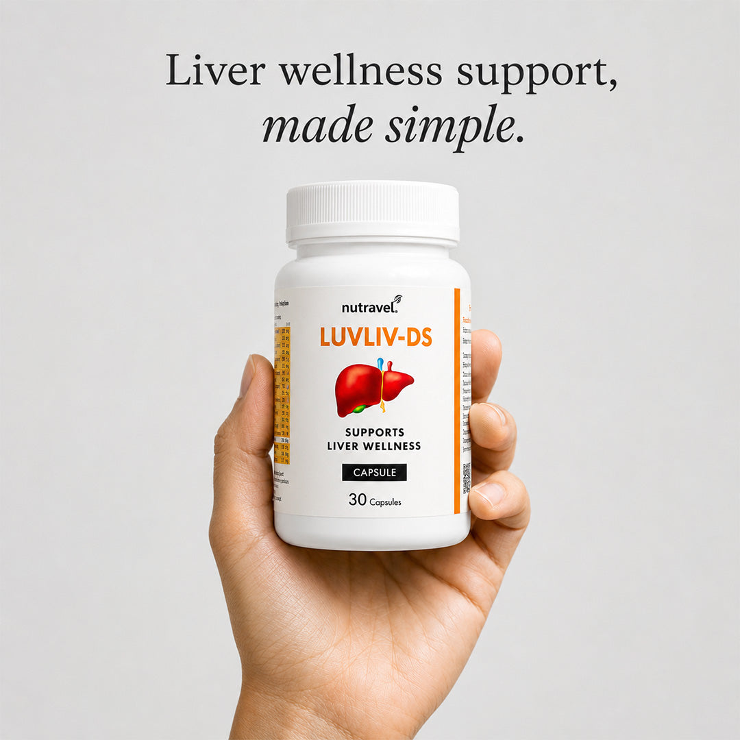 Hand holding a Luvliv-DS 30-capsule jar for liver wellness support