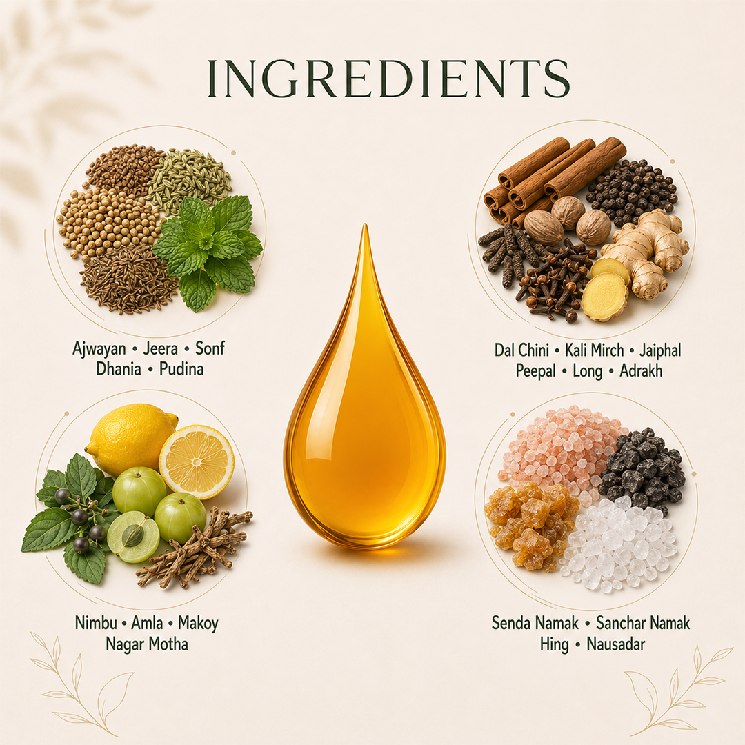 Sab Hazam syrup herbal ingredients including ajwain, jeera, saunf, pudina, dalchini, amla and hing