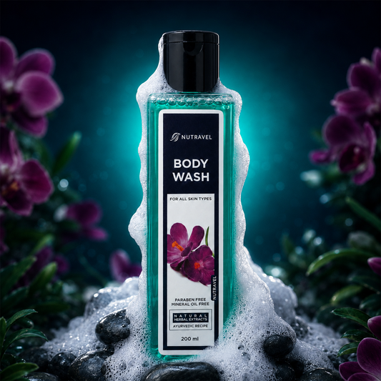 Nutravel Herbal Body Wash 200 ml teal bottle with black flip cap, in foam beside purple orchids