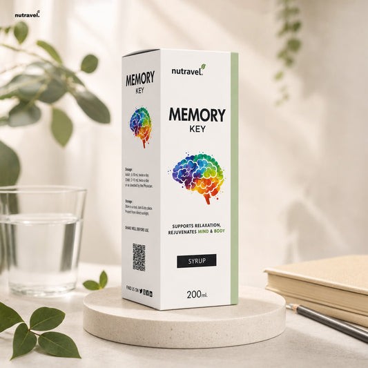 Memory Key Syrup box on a stone pedestal beside a glass of water