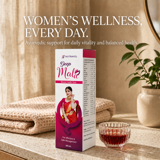 Deep Mala women's health tonic box and a glass of tonic on a bathroom counter