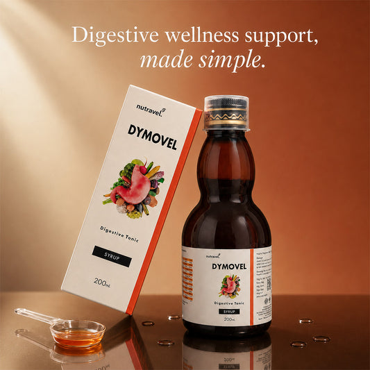 Dymovel Digestive Tonic Syrup bottle and box with a measuring cup