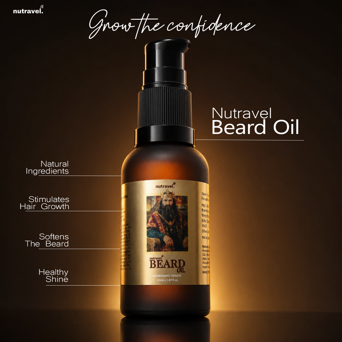 Nutravel Beard Oil bottle with its key benefits