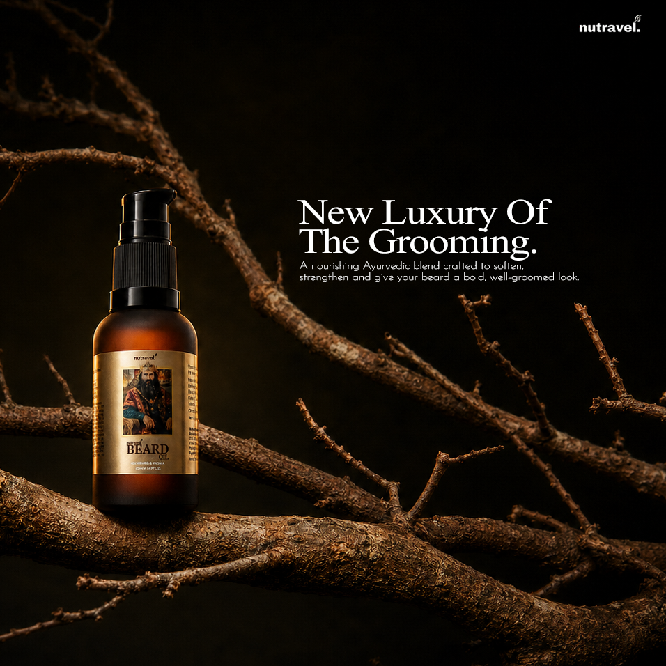 Nutravel Beard Oil bottle on dark branches