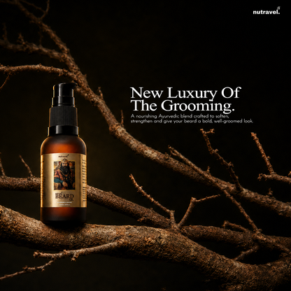 Nutravel Beard Oil bottle on dark branches