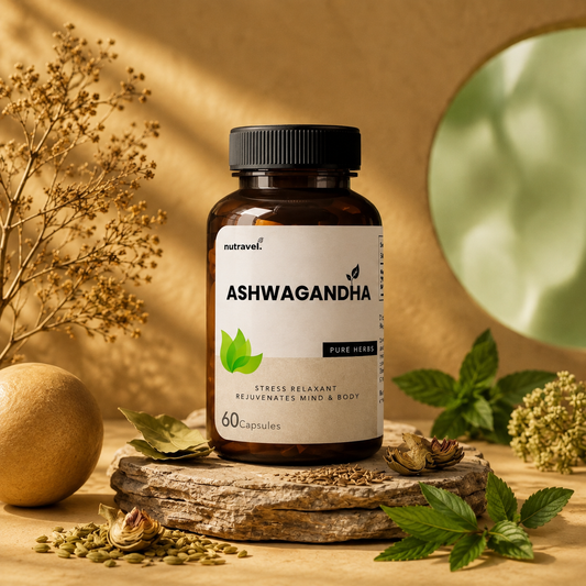Nutravel Ashwagandha 60-capsule jar with herbs on a stone base