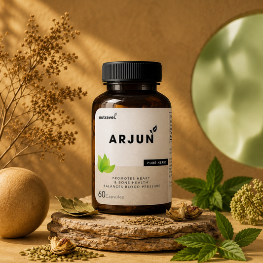 Nutravel Arjun 60-capsule jar for heart health, with herbs on a stone base