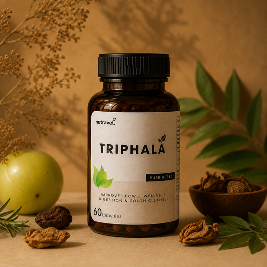 Nutravel Triphala 60-capsule jar for digestion, with amla and dried fruit