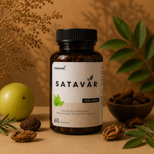 Nutravel Shatavari 60-capsule jar for women's wellness, with amla and herbs