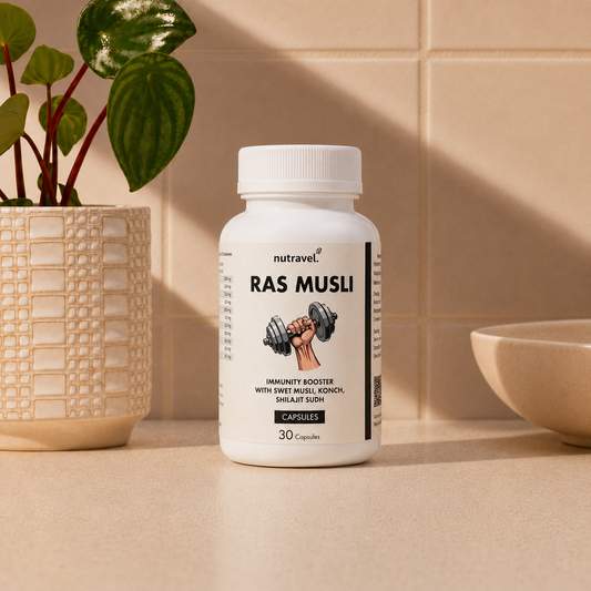 Ras Musli Ayurvedic capsules for stamina and strength, bottle