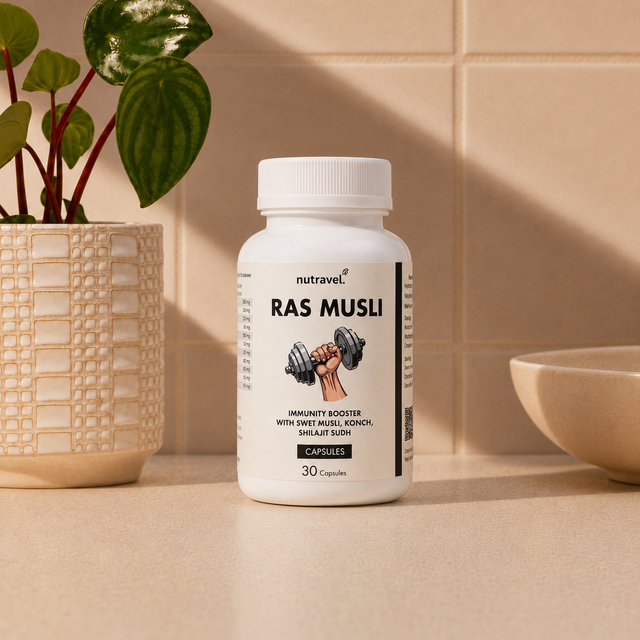 Ras Musli Ayurvedic capsules for stamina and strength, bottle