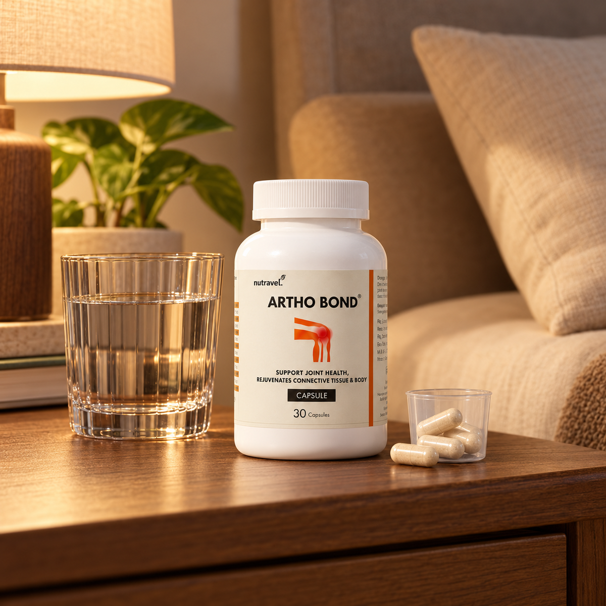 Nutravel Artho Bond 30-capsule jar for joint health on a bedside table with water