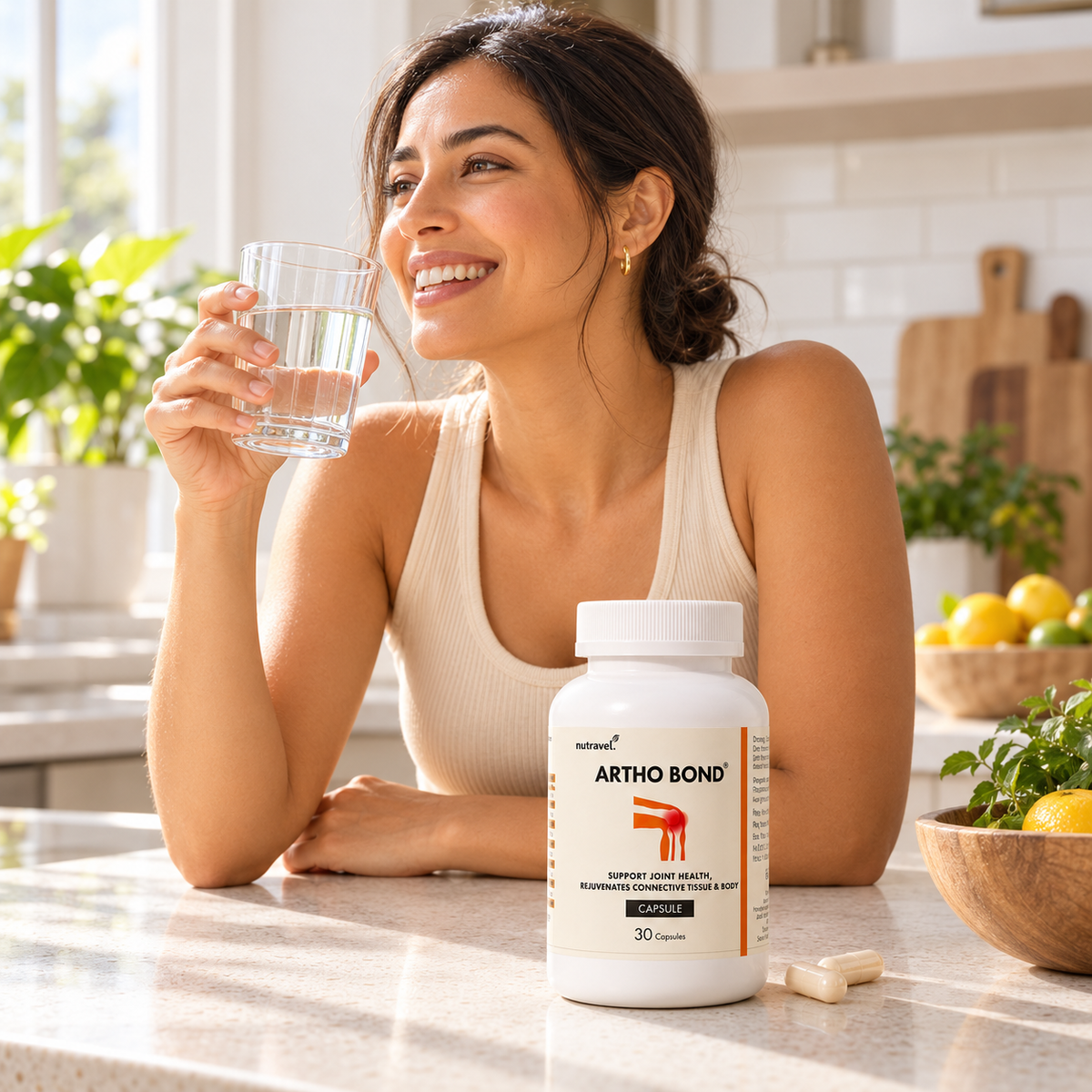 Smiling woman drinking water beside an Artho Bond joint health capsules jar