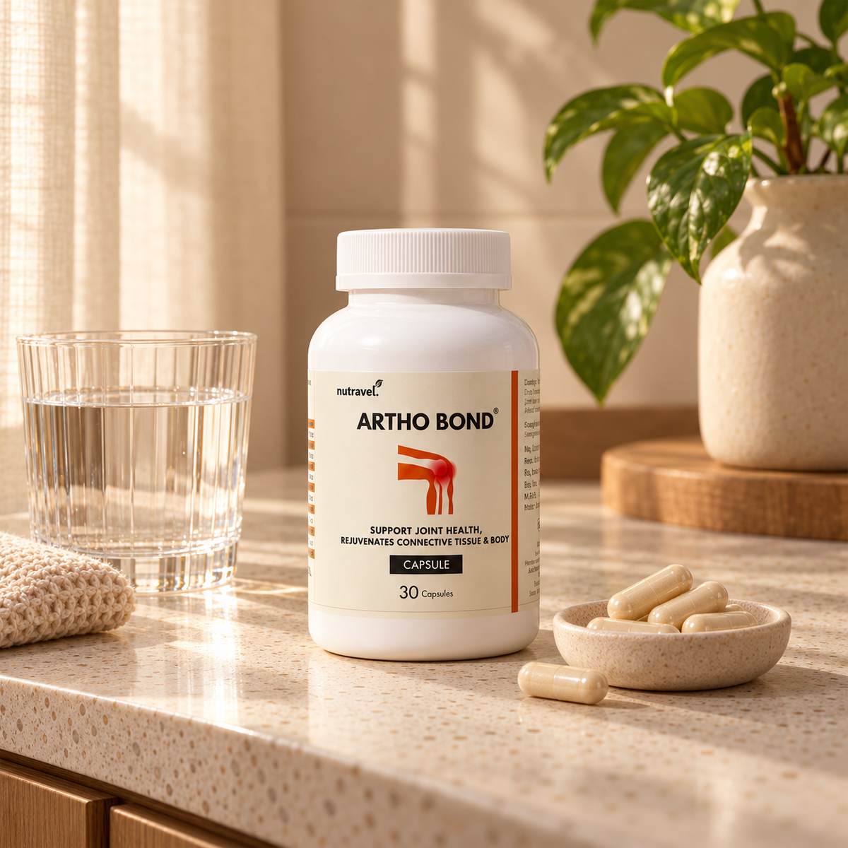 Artho Bond 30-capsule jar with loose capsules and a glass of water on a counter