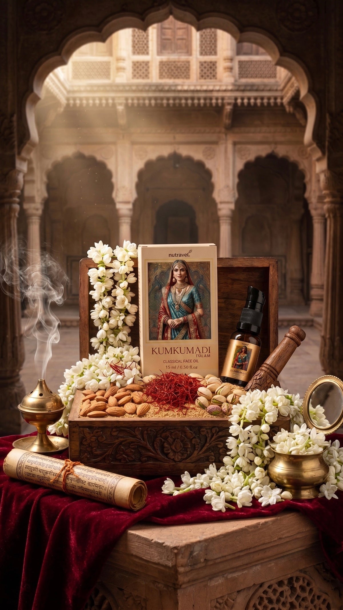 Kumkumadi Tailam box and bottle with jasmine in a palace archway setting