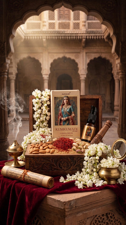 Kumkumadi Tailam box and bottle with jasmine in a palace archway setting