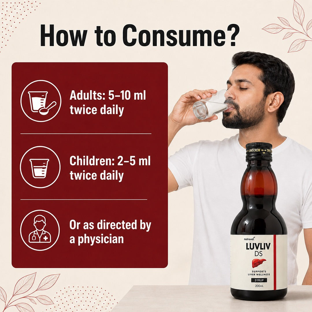 How to take Luvliv DS syrup: adults 5 to 10 ml, children 2 to 5 ml twice daily