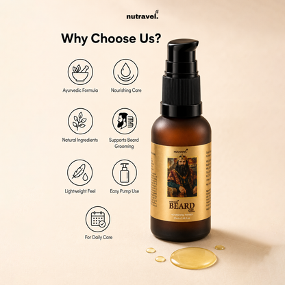 Why choose Nutravel Beard Oil: Ayurvedic formula, natural ingredients, easy pump