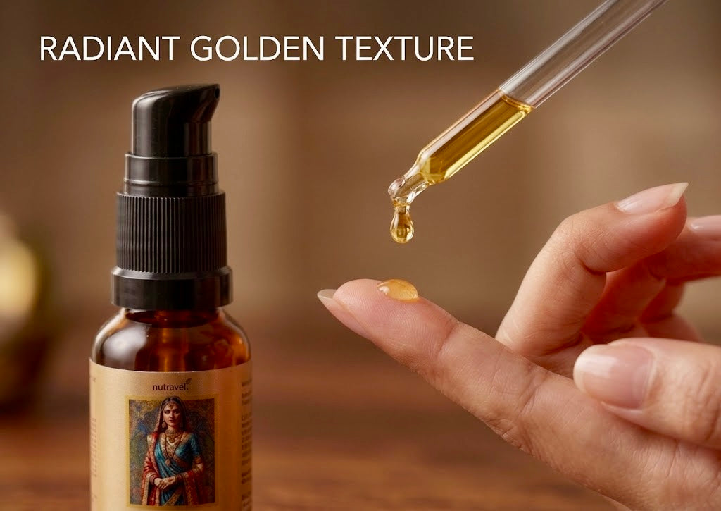 Golden drop of Kumkumadi face oil from a dropper onto a fingertip