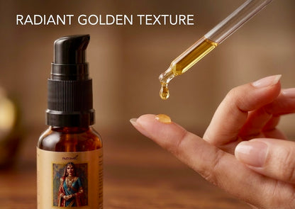 Golden drop of Kumkumadi face oil from a dropper onto a fingertip