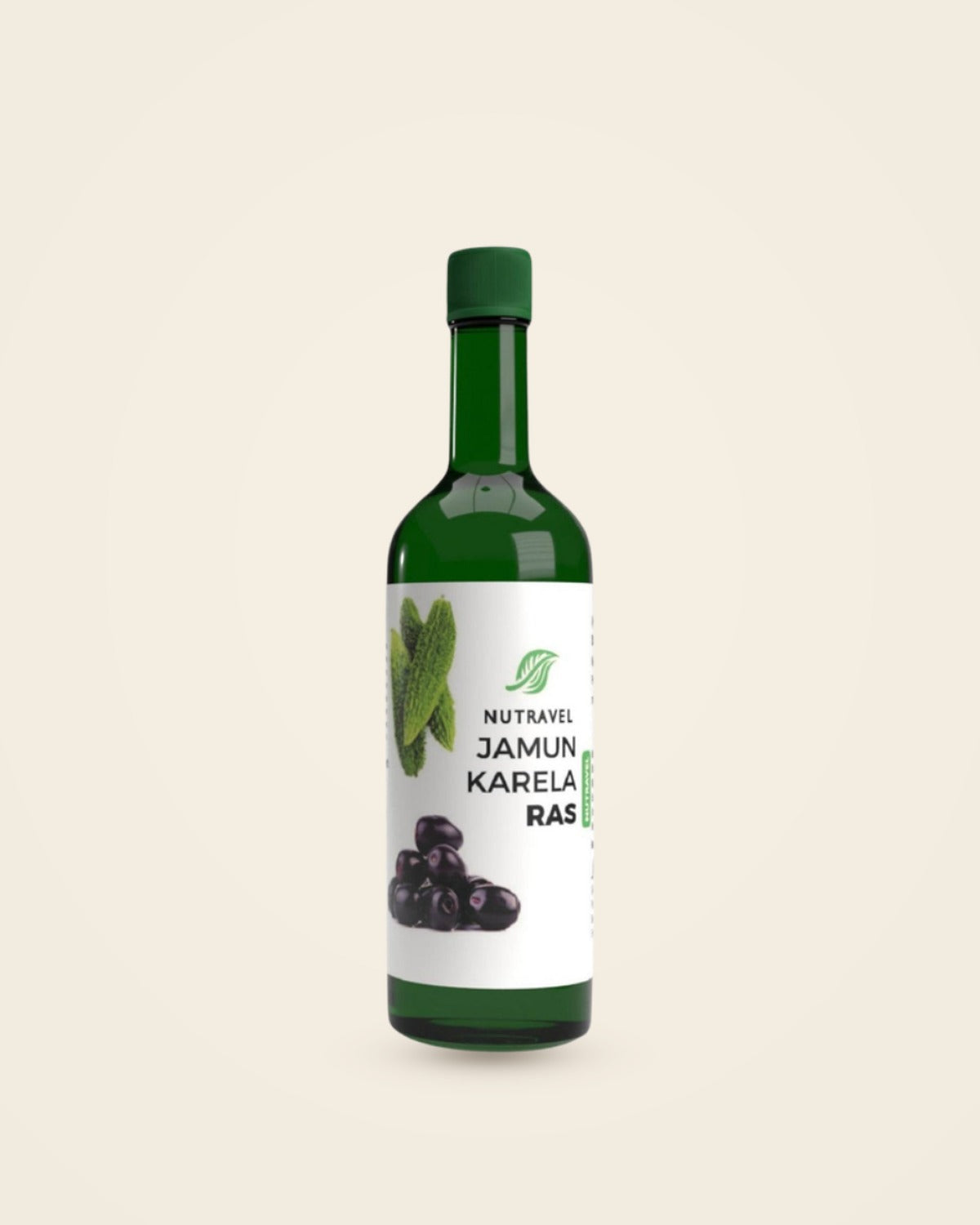 Nutravel Jamun Karela Ras bottle on a cream background