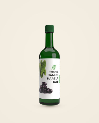 Nutravel Jamun Karela Ras bottle on a cream background