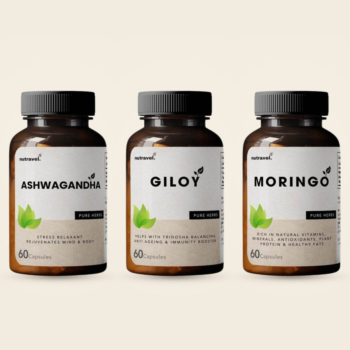 Daily Wellness Trio: Nutravel Ashwagandha, Giloy and Moringa capsule bottles