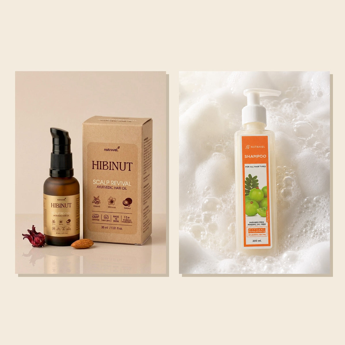 Hibinut Hair Ritual Kit: Hibinut hair oil with box, and Nutravel Herbal Shampoo