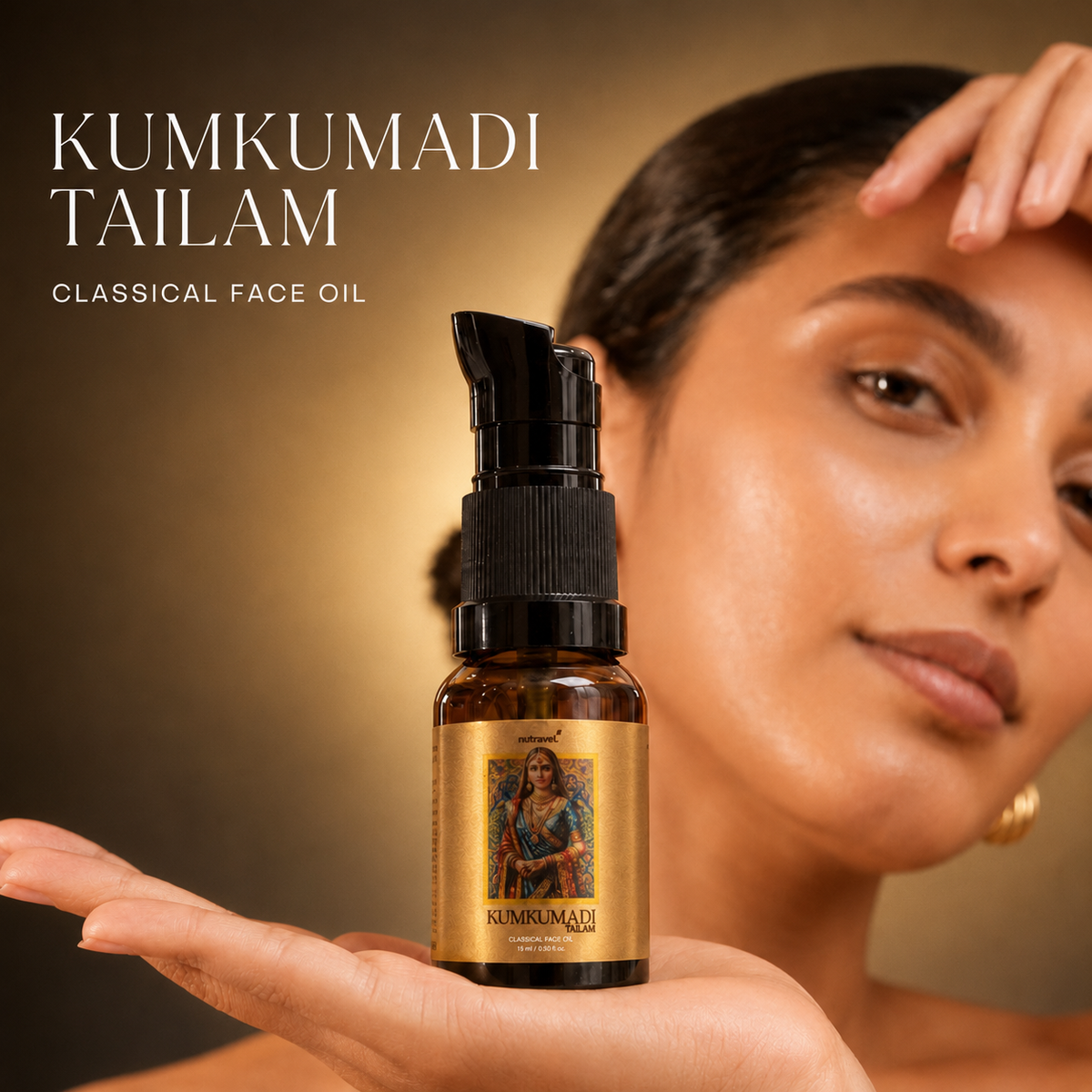 Woman holding Nutravel Kumkumadi Tailam classical face oil bottle