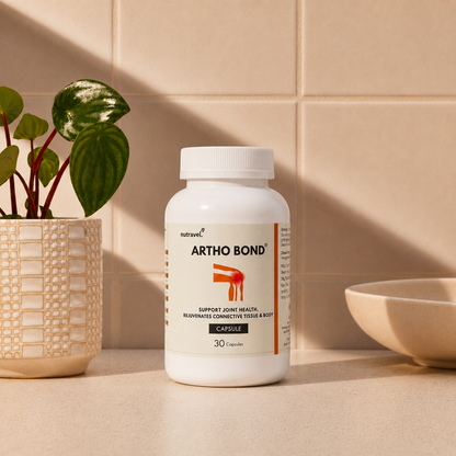 Artho Bond joint support capsules jar on a bathroom shelf beside a plant